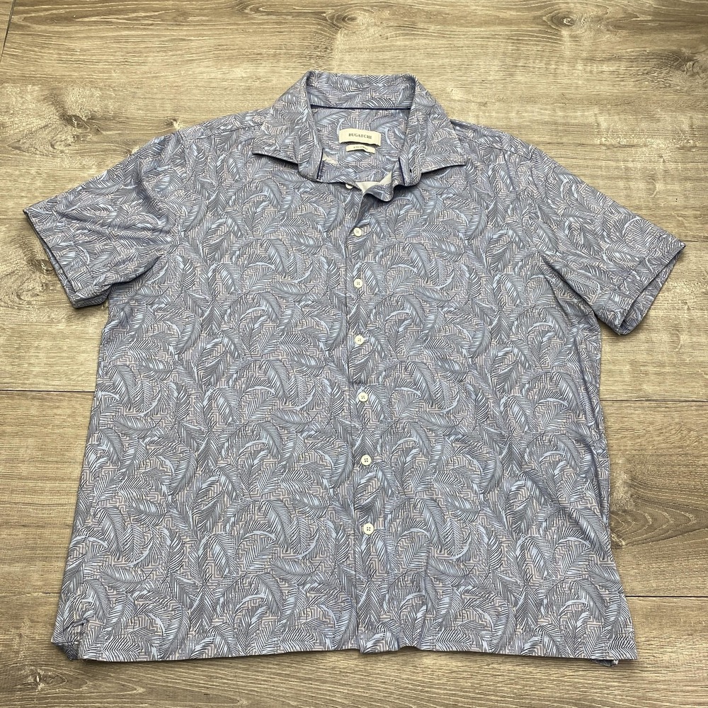 Bugatchi Shirt Mens XL Blue Floral Short Sleeve Button Up 8 Way Stretch Tropical